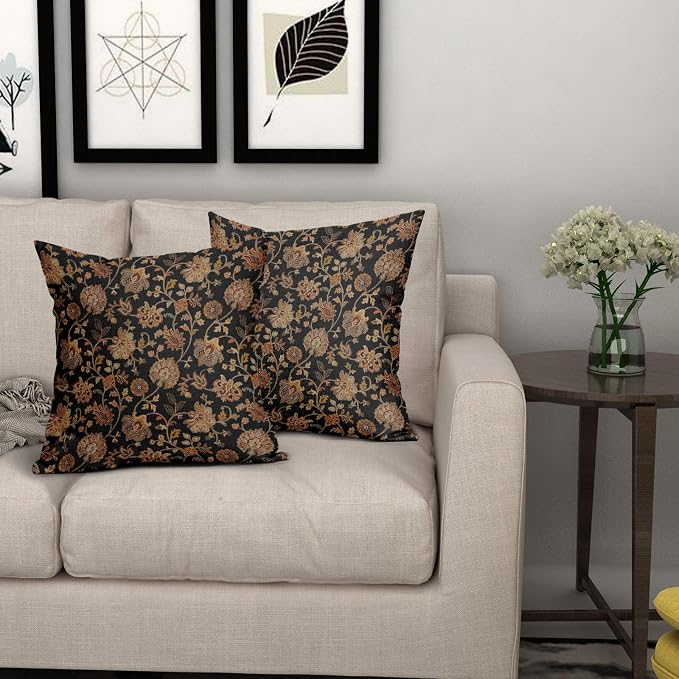 Black Brown Floral Pillow Covers 22X22 Inch Set of 2 Vintage Boho Carpet Flowers Decorative Pillow Cases Leaves Plant Cotton Linen Cushion Case Farmhouse Home Decor for Sofa Couch Living Room