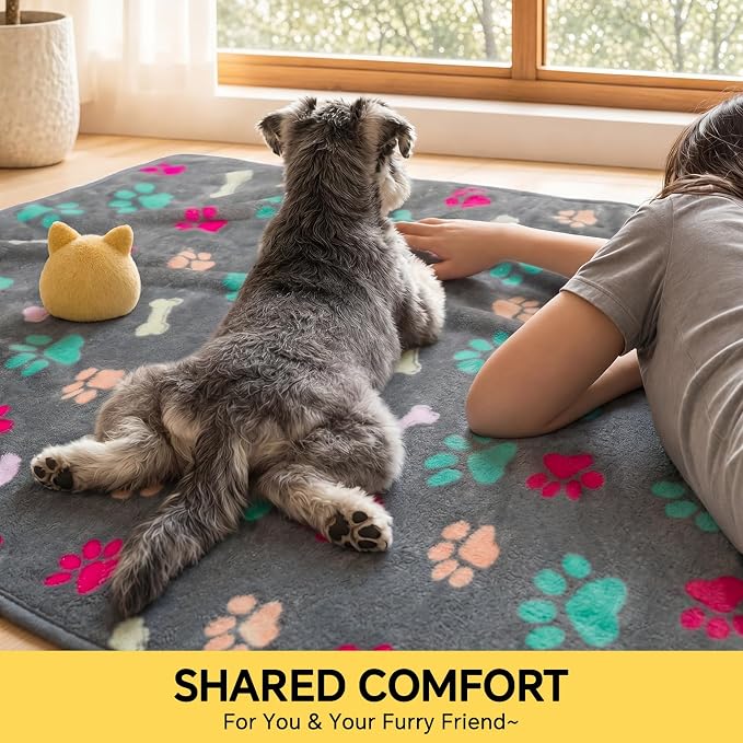 Luciphia 1 Pack 3 Blankets Fluffy Premium Fleece Pet Blanket Flannel Paw Printed Throw for Dog Cat(Large 41x31'', Grey/Brown/Blue) | Washable Throw Blanket for Crate, Couch, Bed, Travel. Cute Paw & Bone Print. Puppy Essential, Dog Gift,Grey/Brown/Blue