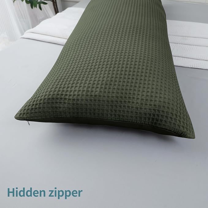 100% Egyptian Cotton 600 TC Waffle Weave Body Pillowcase with Zipper | 1 Pack Ultra Soft Breathable Pillow Cover, Skin-Friendly Bed Pillow Sham, Body Pillow Case Cover, Olive, 20" x 54"