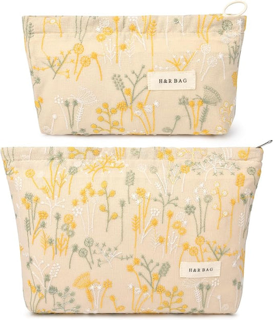 SOIDRAM 2 Pcs Makeup Bag Large Cosmetic Bag Toiletry Bag Makeup Pouch Travel Bag Organizer Cute Makeup Brushes Aesthetic Accessories Storage Bag for Women Wildflower Embroidery