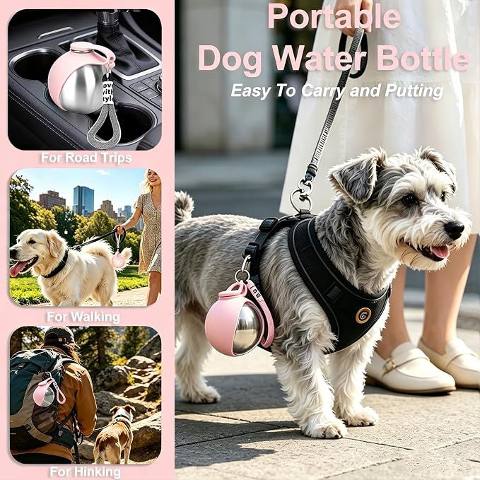 Dog Water Bottle Portable, 2in1 Round Dog Water Bowl Stainless Steel 10oz