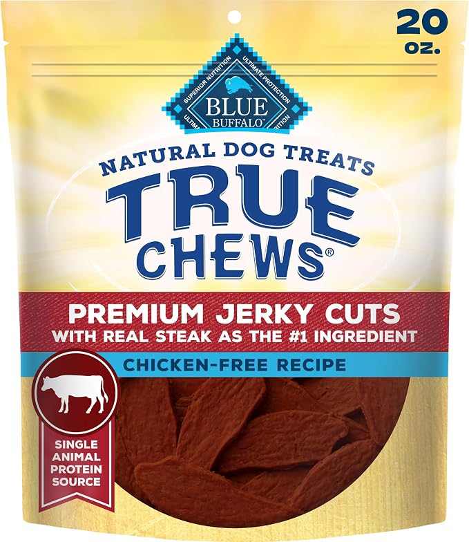 Blue Buffalo True Chews Premium Jerky Cuts Steak Dog Treats, 20 oz | Chicken-Free Recipe, Real Steak First, Made in the USA, No Artificial Preservatives