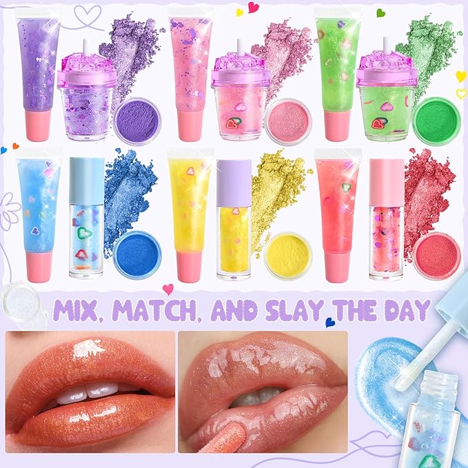 Jcoos 55PCS Lip Gloss Making Kit, Fun Lip Gloss Kit to Make Your Own Lip Gloss for Girls, Women, Teens with Moisturizing Lipgloss Base, Tubes, Pigments Lipgloss Set Christmas Gift for Women