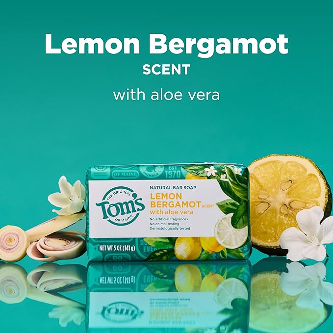 Tom’s of Maine Lemon Bergamot Natural Bar Soap with Aloe Vera, Dermatologically Tested, Paraben Free, Vegan, 5 oz, 4 pack
