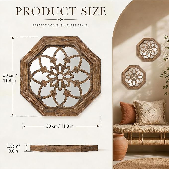 2 Pack 12 Inch Octagon Maroon Rustic Wood Frame Acrylic Wall Mirrors, Farmhouse Boho Wall Art Decor for Living Room, Bedroom, Hallway, Entryway, Bathroom & Office