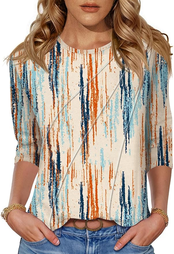 LOMON 3/4 Length Sleeve Womens Tops Spring Summer Fashion 2026 Tops Crew Neck Pleated Shirts Tunic Top Loose Fit