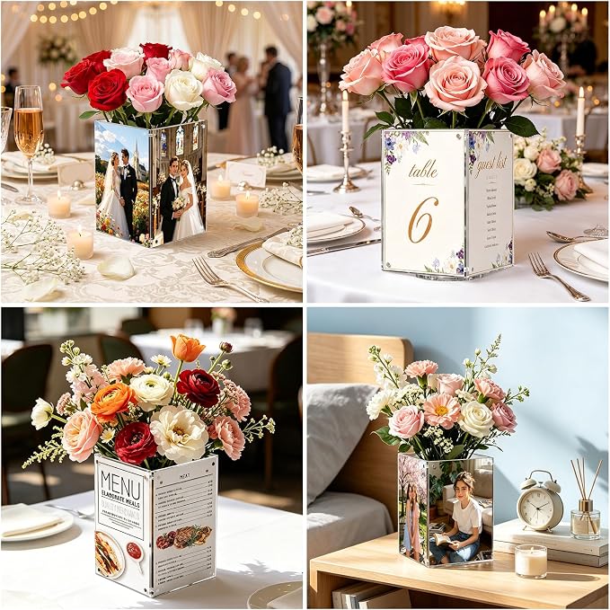 Rotating Acrylic Decorative Box for Table, 360° Acrylic Vase with 4 Sided Clear 4x6 Inch Picture Frame Photo Display Holder Table Numbers for Wedding Party, Replaceable Menu Holder for Restaurant