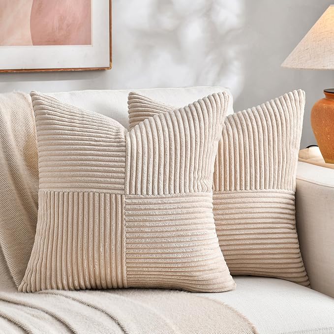 Fancy Homi 2 Packs Tan Samll Decorative Throw Pillow Covers 12x12 Inch with for Couch Bed Sofa, Rustic Farmhouse Boho Home Decor, Soft Corss Patchwork Corduroy Square Beige Cushion Case 30x30 cm