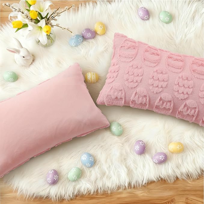 decorUhome Pink Faux Fur Egg Throw Pillow Covers 12x20 Set of 2 | Plush Soft Wool Jacquard Pink Cushion Covers, Modern Farmhouse Neutral Easter Holiday Decor Pillow Covers for Couch Sofa Bed