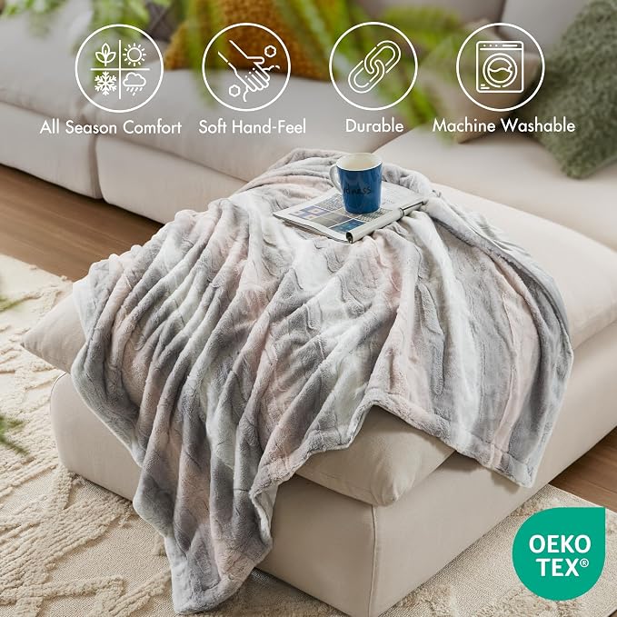 Madison Park Zuri Faux Fur Reversible Throw Blanket, 50 x 60 in, Blush/Grey | Oversized Soft Plush, Luxury, Animal Stripes, Mink Reverse, Modern, All Season, for Bed Sofa Couch, OEKO-TEX Certified