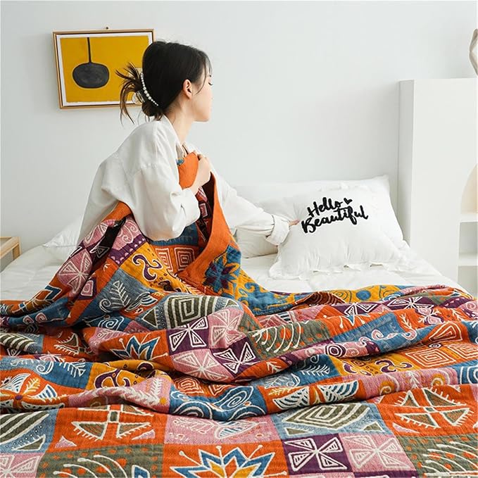MSGKV Boho Throw Blanket 80"x90" 100% Cotton Checkered Throw for Bed Couch | 100% Cotton Throw, Checkered Pattern, Reversible Woven, Lightweight Comfort, Farmhouse Decor, All Seasons, Machine Washable
