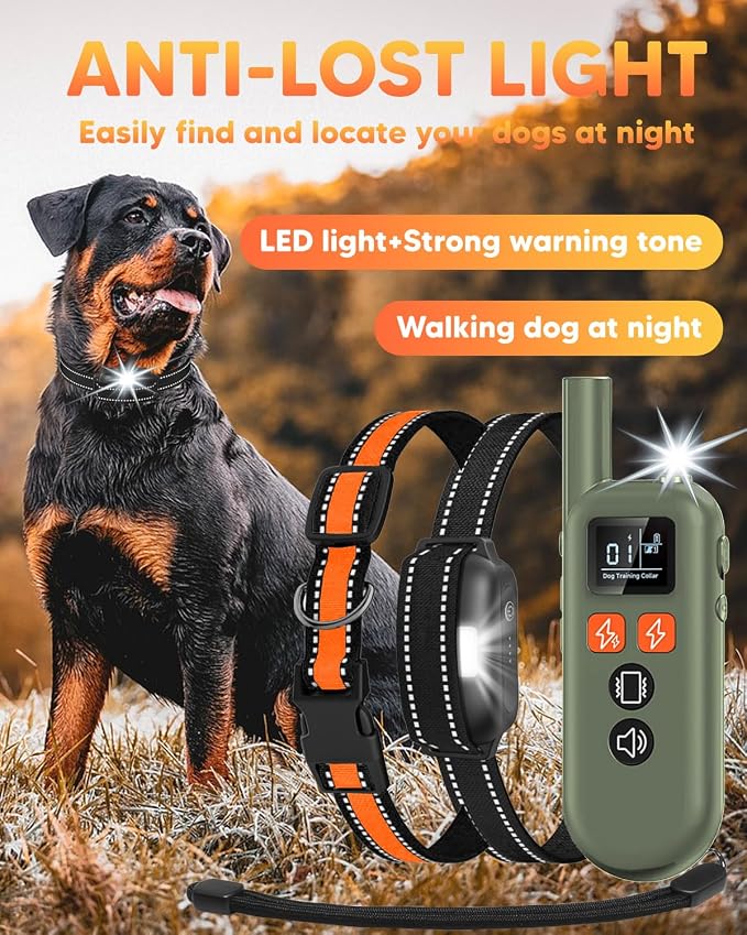 Dog Shock Collar - 3300FT Dog Training Collar with Remote, Flashing Light, IPX67 Waterproof Dog Collar with 6 Training Modes, Smart Dog E Collar for 15-120lbs Small Medium Large Dogs