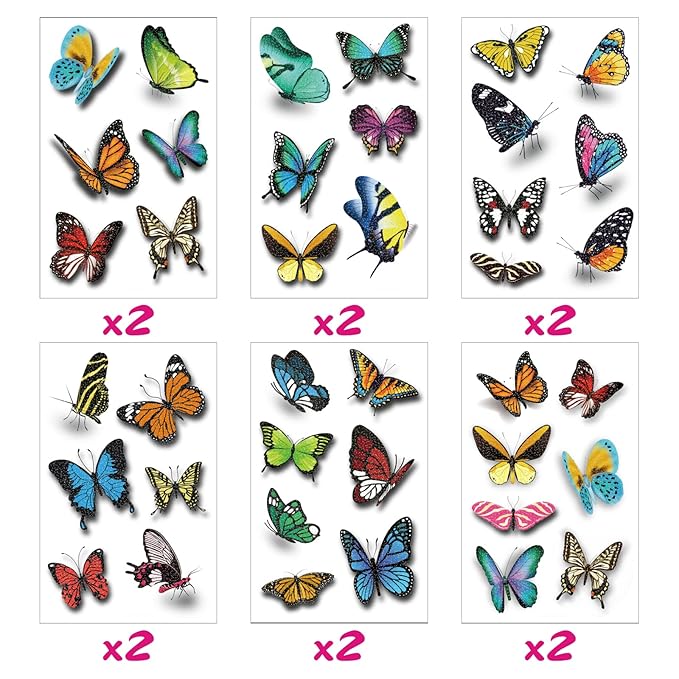 78 Pcs Butterflys Temporary Tattoos for Girls- 12 Sheet Glitter styles body Face makeup Fake Tattoo Stickers,Holiday Party Favors Supplies Accessories,Birthday Party Gifts Underwater Arts and Crafts