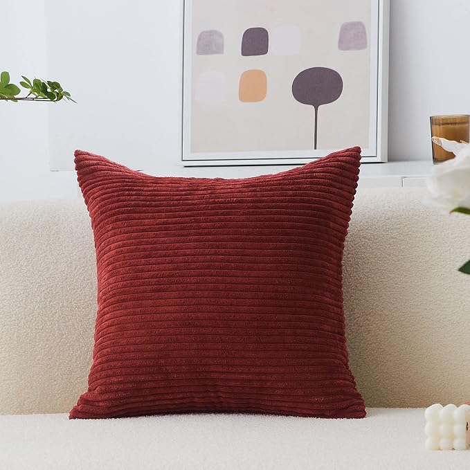 Home Brilliant 18x18 Pillow Cover Dark Red Plush Corduroy Pillow Cover Decoration Striped Velvet Throw Pillow for Couch Sofa Bed Living Room Bedroom, 18 x 18 Inch, Burgundy