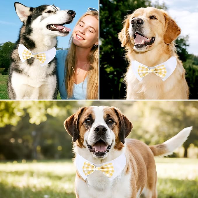 Segarty Dog Bow Tie Neck Girth 16.5-21.2in, Adjustable Yellow Plaid Bowtie Collar for Extra Large Dogs, Tie Tuxedo Comfortable Cotton Pets Grooming Accessory for Formal Wedding Holiday Birthday Party