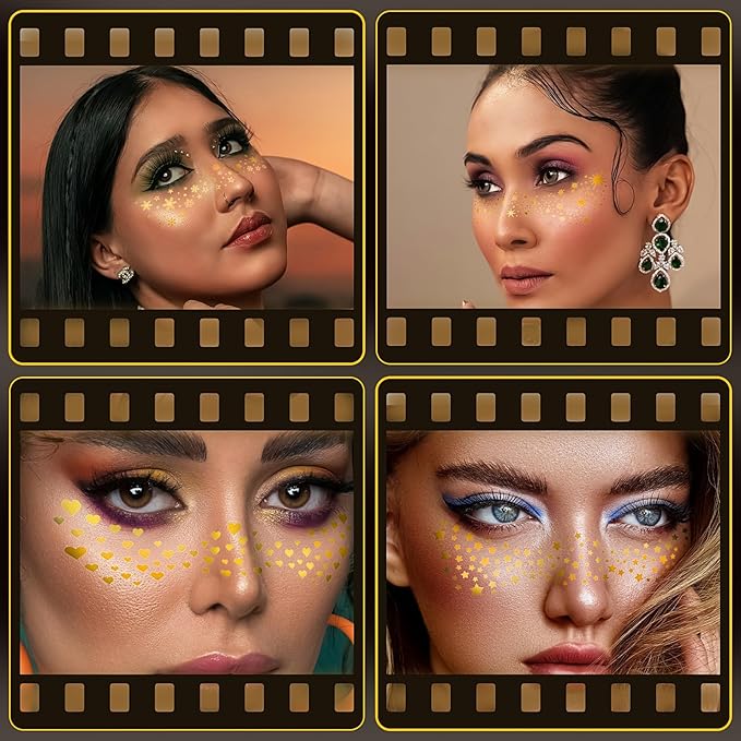 Glitter Freckles Face Tattoo, 6 Sheets Gold Face Makeup Patches, Glitter Freckles, Sparkle Makeup Patches, Sweatproof Waterproof Sparkle Freckles, Fake Freckles for Women
