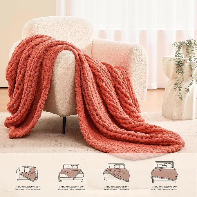 L'AGRATY Chunky Knit Throw Blanket for Couch, 50 x 60 Inches, Coral Pink | Handmade Chenille Crochet Blanket for Sofa Bed, Thick Cable Knitted Blankets for Room Home Decor, Birthday Gift for Women Mom