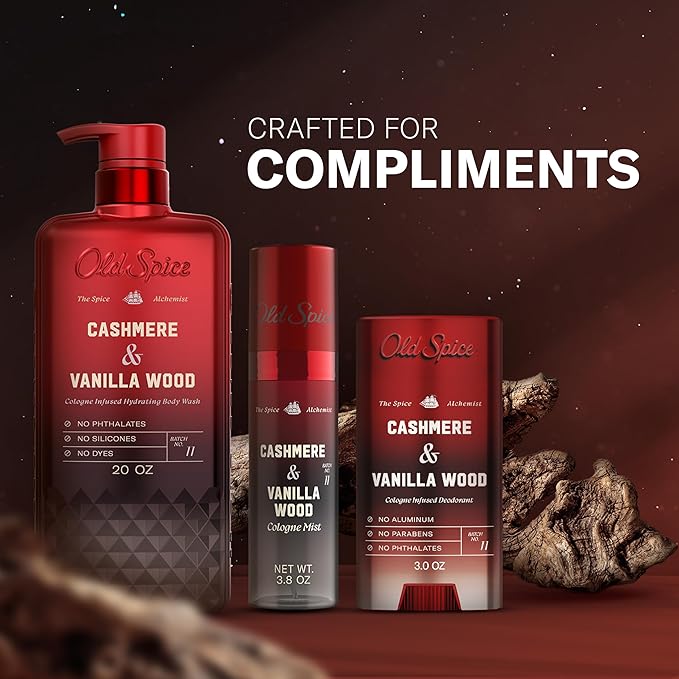 Old Spice Body Wash for Men, The Spice Alchemist Collection, 24/7 Cologne Infused Hydration, No Trade Off Formula, Free of Phthalates Silicones & Dyes, Cashmere + Vanilla Wood Scent, 20 oz