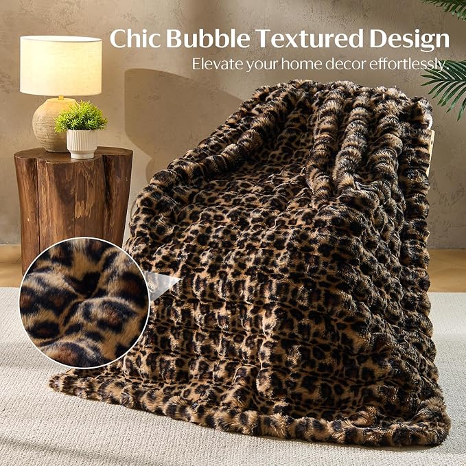 DOWNCOOL Large Faux Rabbit Fur Throw Blanket, Soft Fluffy Fuzzy Plush Bubble Blanket for Couch Sofa & Bed, Cozy Warm Luxury Fleece Minky Blanket, 90x90 Inches Leopard Print
