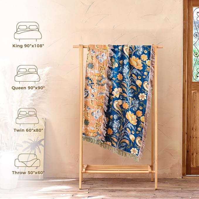 LUTBM Boho Throw Blanket for Bed 60"x80", All Season Cotton Couch Blankets | Blue Reversible Floral Birds Jacquard, Soft All-Season Twin Lightweight Quilt, For Chair Sofa Bedroom Living Room, Home Decor