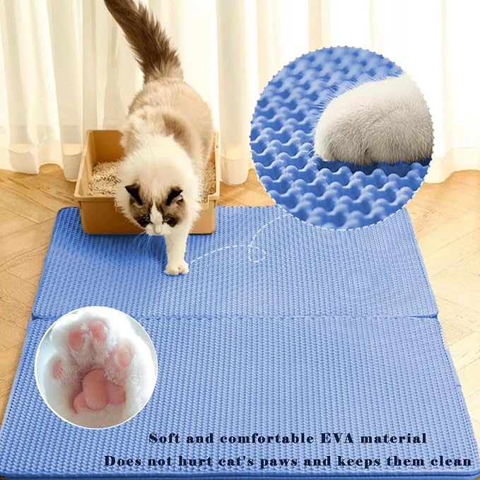 HCY&WLD Cat Litter Mat, Double Layer Cat Litter Box Mat (30x22 Inch, Blue) | Waterproof Urine-Proof Non-Slip Litter Trapping Mat, Soft on Kitty Paws, Scratch-Resistant, Scatter Control, Easy to Clean