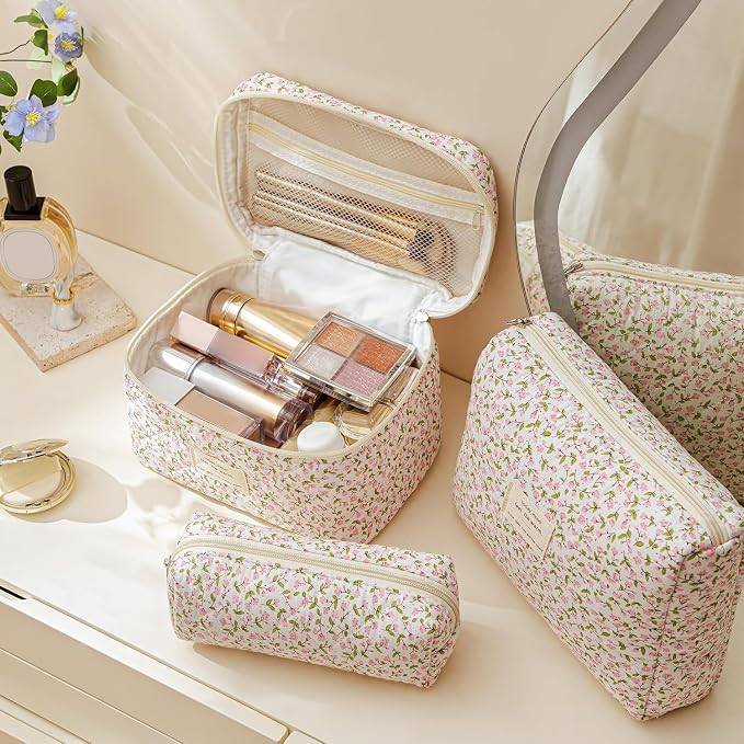 HBselect Quilted Makeup Bag, 3PCS Cotton Large Travel Makeup Bag, Cute Floral Coquette Make up Bag Cosmetic Bag Toiletry Bag for Women Girls