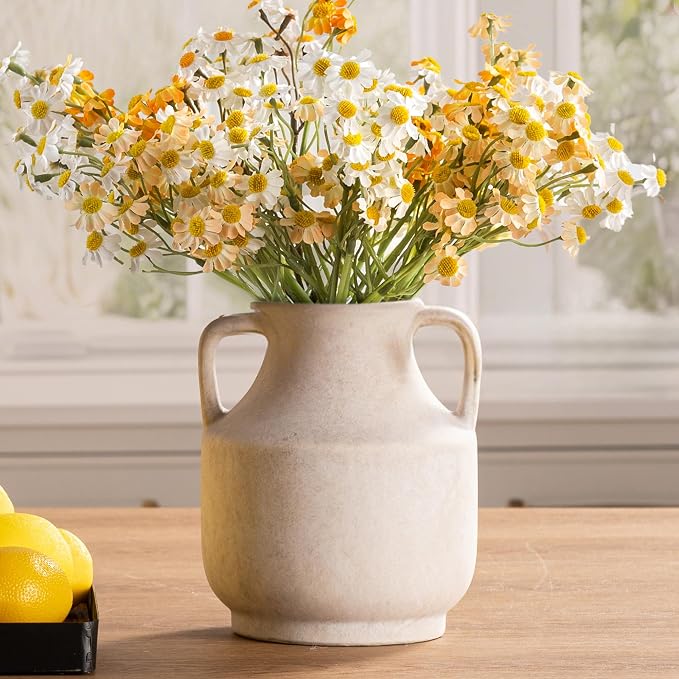 Mitt&Ditt Ceramic Flower Vase with Handles, 8 inch Tall Off-White Vase, Decorative Terracotta Vases, Farmhouse Rustic Pottery Vases for Home Decor, Living Room, Table