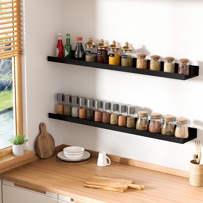 upsimples Floating Shelves for Wall Decor and Storage, Black, 6Pcs 15.7'' | Wall Mounted Wood Shelves for Living Room, Bedroom, Bathroom, Kitchen, Office, Laundry Room Display and Organize