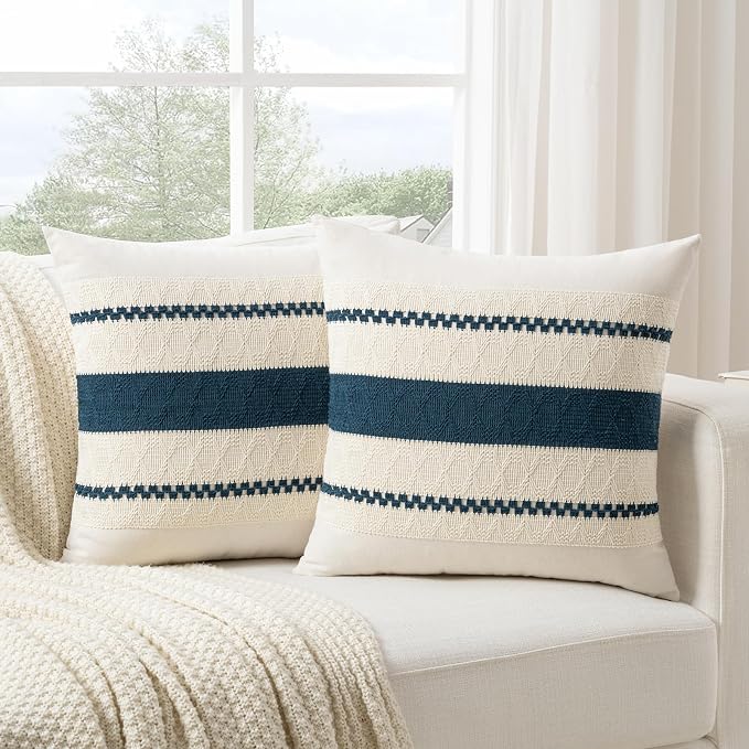 Fancy Homi Set of 2 Boho Teal Euro Decorative Throw Pillow Cover 26x26 Inch for Couch Bed Bedroom, Aesthetic Modern Organic Farmhouse Room Decor, Soft Cotton Accent Macrame Woven Cushion Case