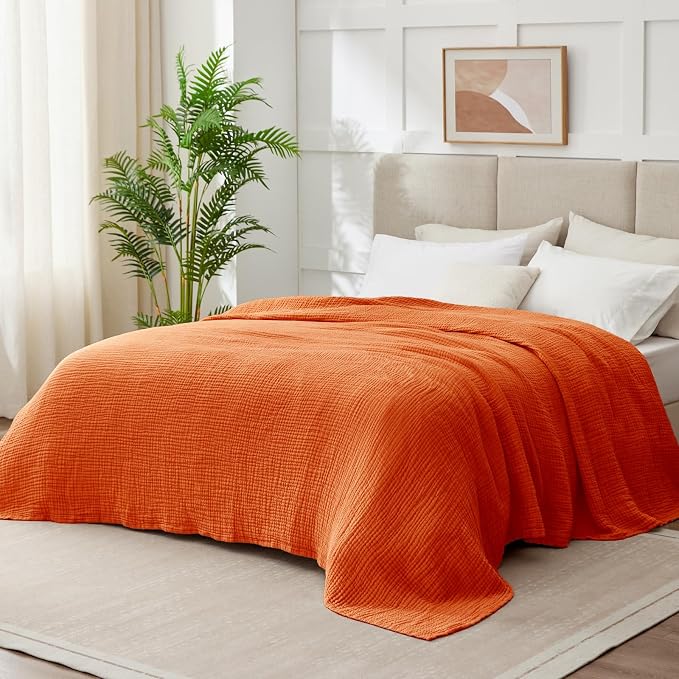 100% Cotton Muslin Blanket King 108" x 90", 6 Layers Breathable and Lightweight Cotton Throw Blankets for Bed, Soft Cooling Summer Gauze Blanket for Adults All Season, Orange