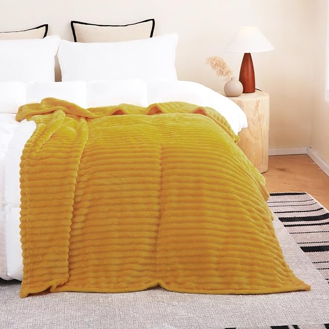 Mustard Yellow Fleece Throw Blanket 60”×80” for Couch Sofa Livingroom | Linecooo Super Soft Cozy Plush Microfiber Flannel Bed Blanket Striped Design Lightweight Home Decor Gifts for Adult Mom Women