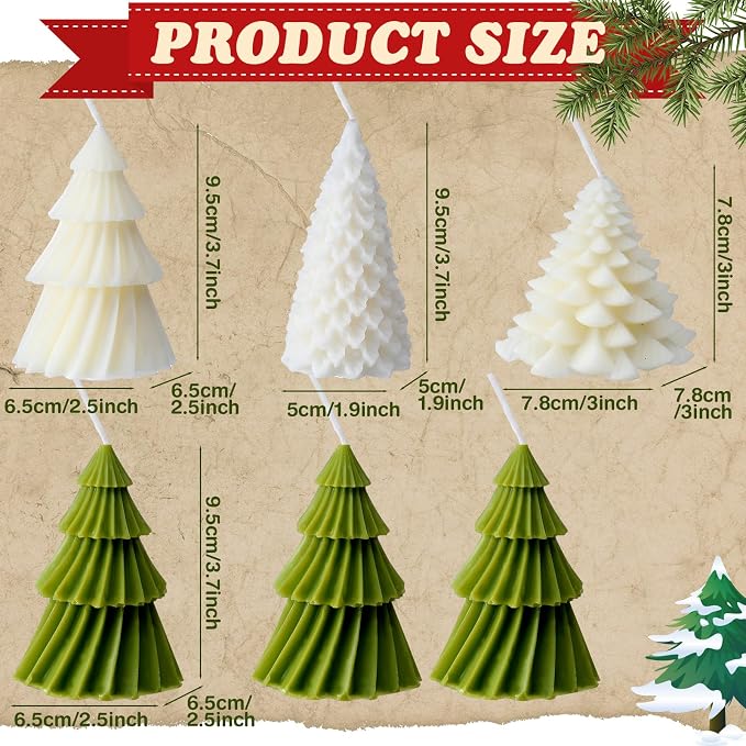 Conelist 6 Pcs Christmas Tree Candles Christmas Tree Shaped Taper Candles Decorative Xmas Wax Scented Candlesticks for Xmas Eve Winter Holiday Home Table Decoration Gift(White,Green,Classic Style)
