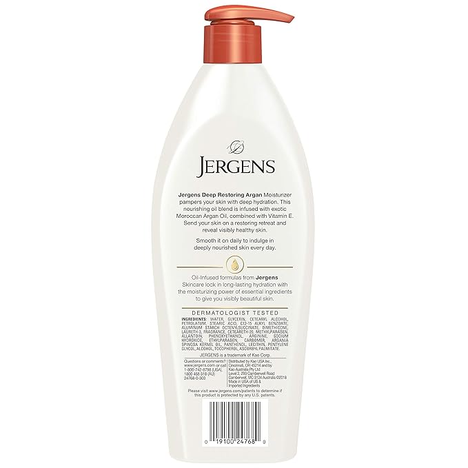 Jergens Deep Restoring Argan Oil Moisturizer, Soothing Body and Hand-Lotion with Reviving Argan_Oil and Vitamin E, Oil-Infused, Dermatologist Tested, 16.8 oz (Pack of 2)