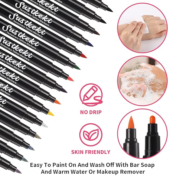 Temporary Tattoo Markers for Skin,15PCS Dual-Ended Tattoo Pen + 50 Paint Stencils + 43 Tattoos Stickers,Glitter & Matte & Neon Glow Body Marker Set, Removable Fake Tattoos Kit for Teens and Adult