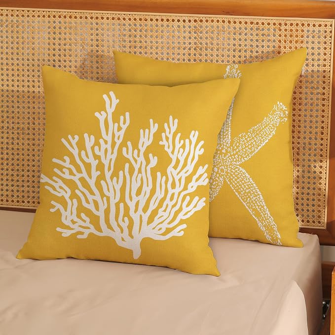 Coastal Pillow Covers 18x18 Inch Set of 2 Yellow Coral Starfish Throw Pillows Nautical Ocean Decorations Summer Linen Beach Pillowcase Outdoor Decor Farmhouse Cushion Case for Home Bedroom