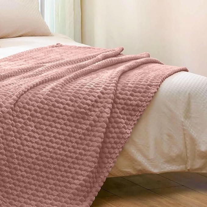 Vessia Flannel Fleece Throw Blanket(50x70 inch), 3D Jacquard Pink Fuzzy and Warm Blanket for Couch,Sofa,Bed,Chair, 300GSM Super Soft Touch Cozy Lightweight Throw for All-Season Home Decor