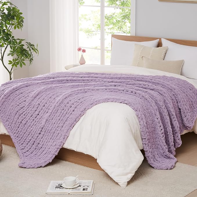 L'AGRATY Chunky Knit Throw Blanket for Couch, 50'' x 60'' Knit Throw, Purple