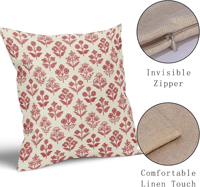 Red Pink Floral Block Print Pillow Covers 16x16 Inch Set of 2, Vintage Flower Pattern Decorative Throw Pillowcases Outdoor Farmhouse Cushion Covers Spring Summer Rustic Sofa Couch Bed Decor