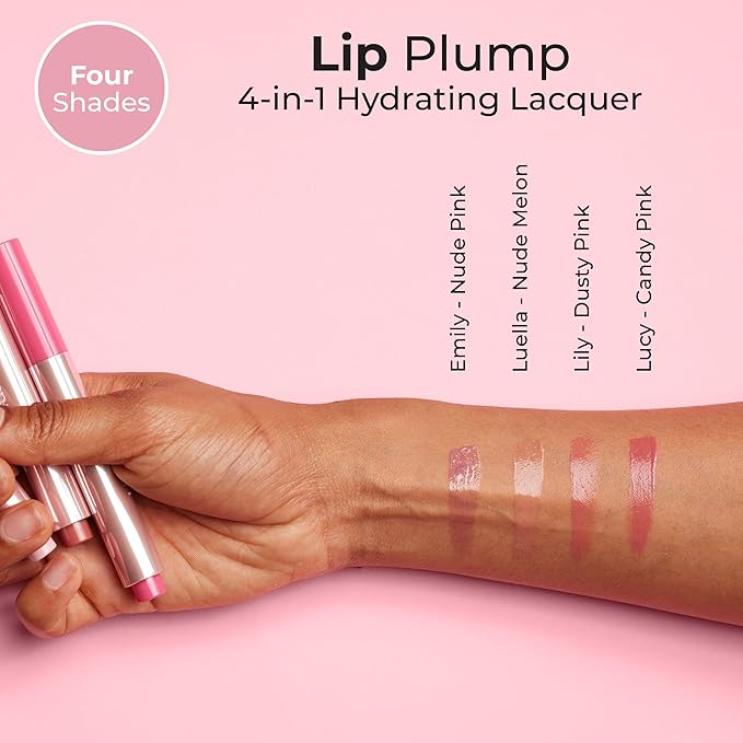 MCoBeauty - Lip Plump 4-in-1 Hydrating Lacquer - Multi-Benefit Lip Color with Shea Butter, Hyaluronic Acid and Click-Pen Format - Luella, Nude Melon Shade - 2.5ml