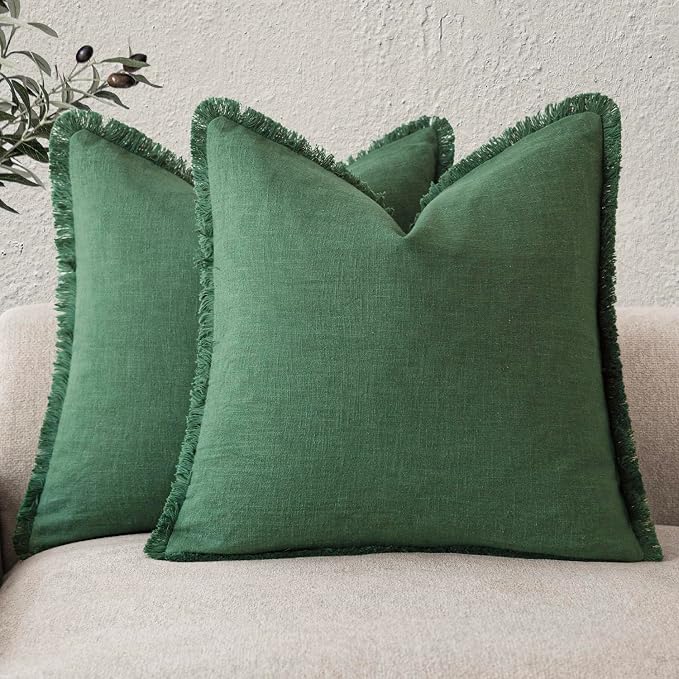 Foindtower Set of 2 Decorative Linen Fringe Throw Pillow Covers Cozy Boho Farmhouse Cushion Cover with Tassels Soft Accent Pillowcase for Couch Sofa Bed Living Room Home Decor, 20×20 Inch, Pine Green