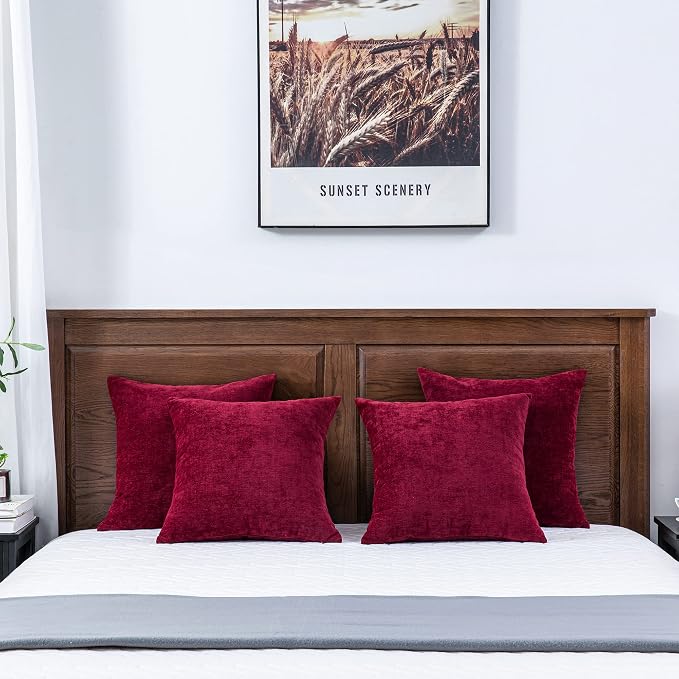 GAWAMAY Decorative Square Throw Pillow Covers 18"x18" Inch Set of 4, Super Soft Chenille Pillows Cover Fall Pillowcase for Living Room Bedroom Sofa Couch Cushion Cover Burgundy Red 45x45cm