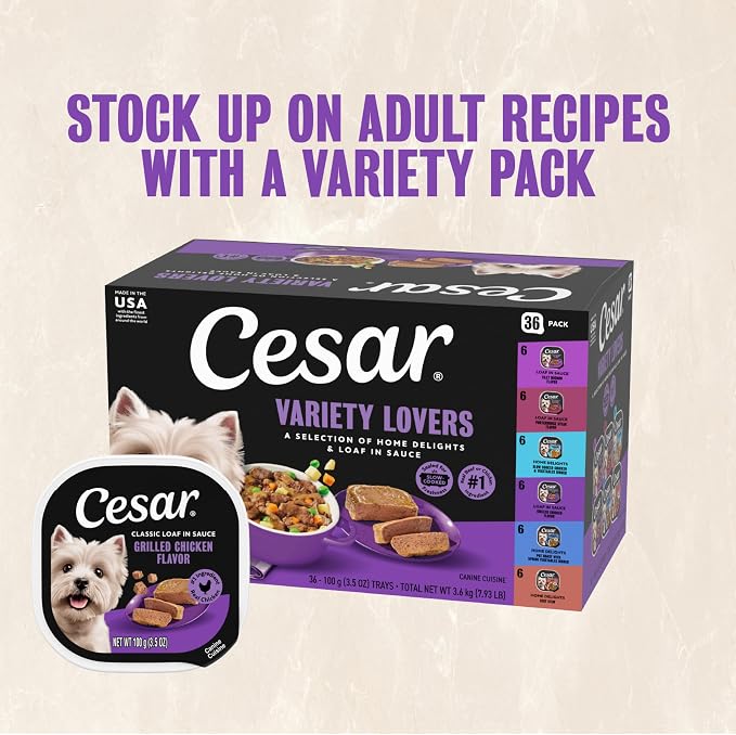 Cesar Home Delights & Loaf Wet Dog Food, Variety Lovers, 3.5 oz, 36 Count | Real meat #1 ingredient, slow-cooked for tender texture, no fillers or artificial flavors, easy to digest, easy peel trays