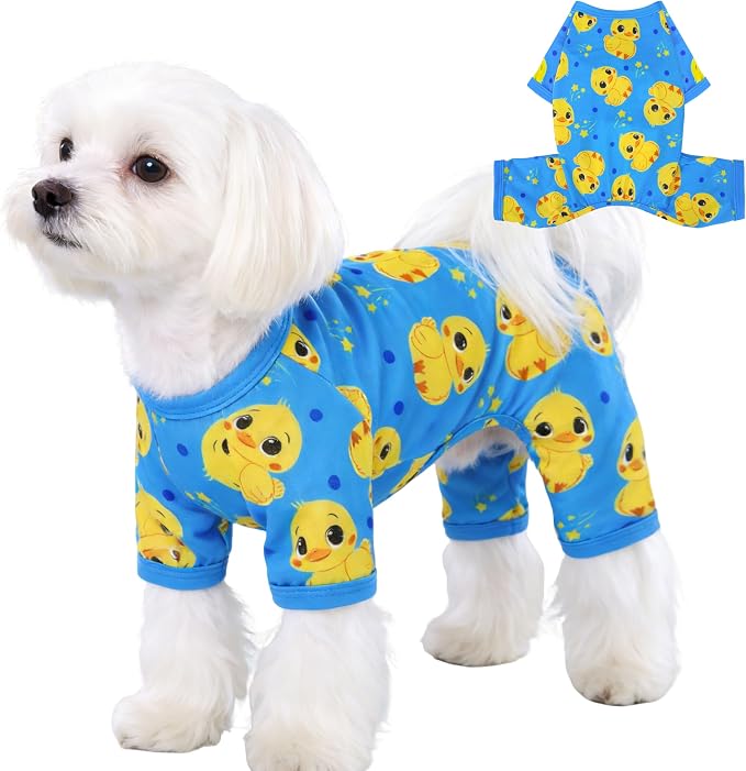 Dog Pajamas Summer Cute Print Puppy Jumpsuit Thin Dog Onesie Small Dog Clothes with Comfy & Elastic Frbic Puppy Pjs(Blue Duck, Medium)
