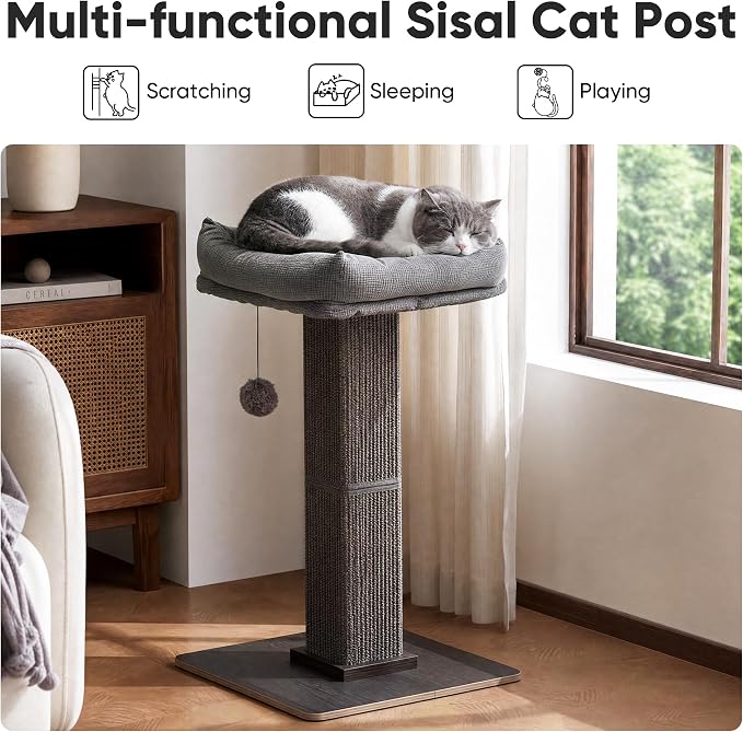 FUKUMARU Retro-Style Cat Scratching Post with Perch for Indoor Adult Cats | 28.7" Elevated Tall Cat Bed, Solid Wood Large Cat Scratcher Tower with Bed, Aesthetic Cat Tree Furniture with Natural Sisal