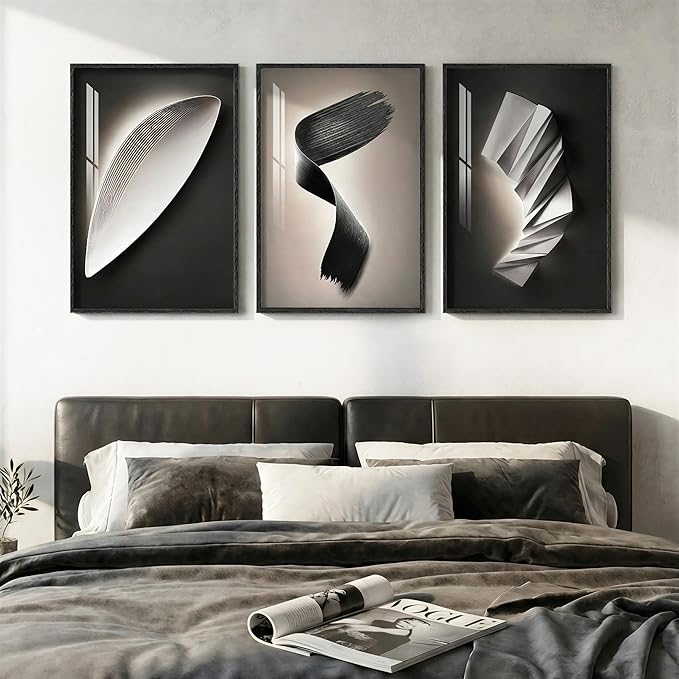 3 Piece Framed Modern Wall Art Sets, Abstract Black and White Line Geometric Decor Prints Paintings, Contemporary Luxury Artwork for Bedroom, Bathroom, Living Room and Office 16x24 Inch