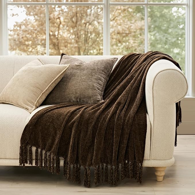 Chenille Knit Throw Blanket for Couch, 50"x60", Dark Brown | Cozy Plush Fuzzy Knittd Throw with Tassels, Lightweight, Decorative, Farmhouse Decor, Ideal for Bed Sofa Gift, All Seasons