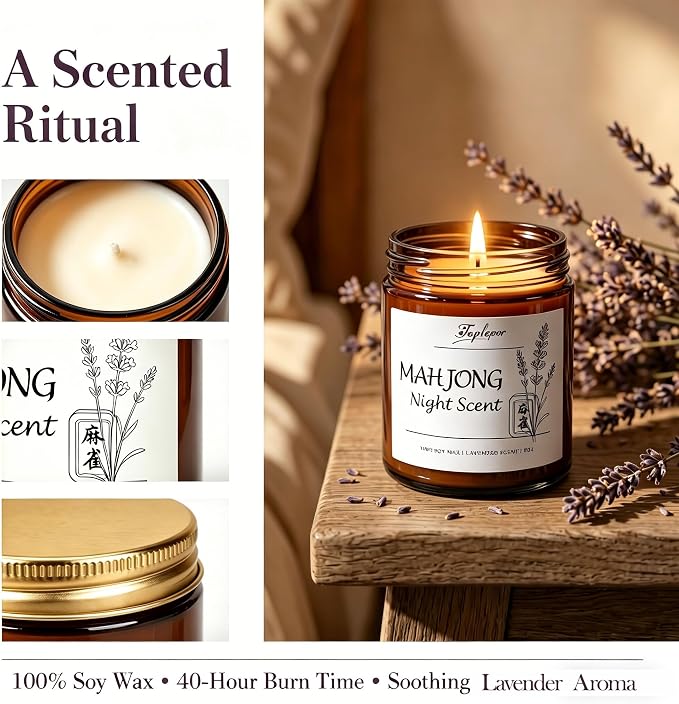 Lavender Candle - Soy Wax Stress Relief & Meditation, 45hr Soot-Free Burn Mahjong Night Scent Candle, 9oz