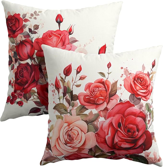 Kawani Watercolor Flower Throw Pillow Covers 16x16 Inch Set of 2 Pink Red Rose Floral Romantic Square Pillowcase Cotton Linen Cushion Case for Couch Sofa Bedroom Living Room Decor