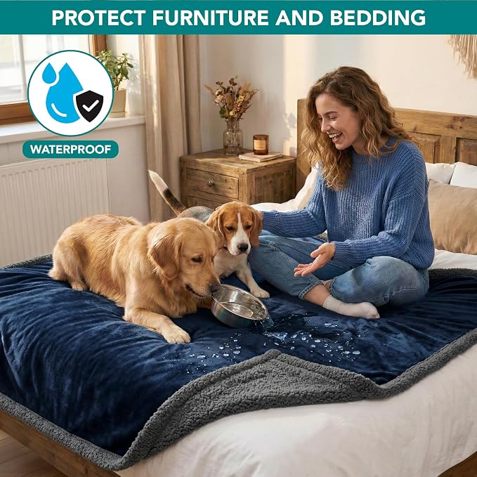 PetAmi Waterproof Dog Blanket for Large Dog Pet, 90x90 Queen, Blue Grey | 460 GSM Sherpa Fleece Reversible, Pee Proof Cat Blanket, Furniture Protector Cover for Bed Sofa Kennel, Washable, Queen Size