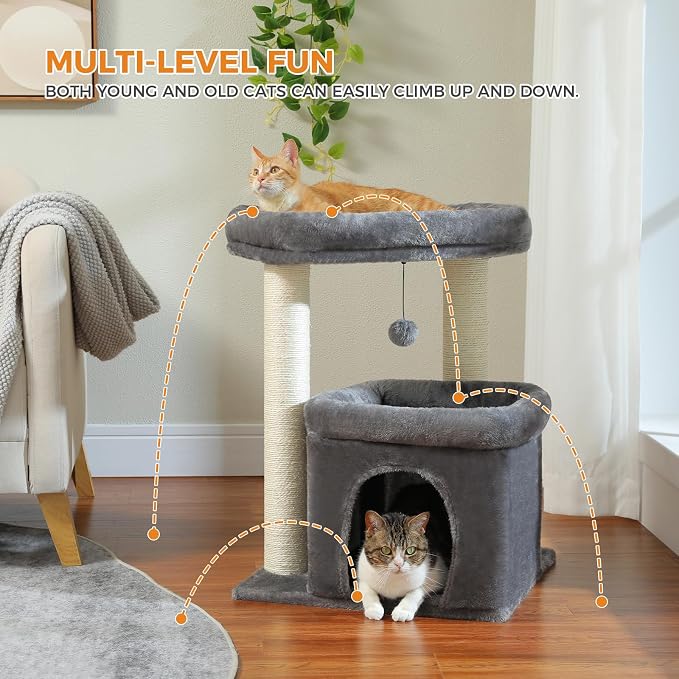 PEQULTI Cat Tree Tower for Large Indoor Cats, Extra Large Perch, Grey | Sisal wrapped scratch posts, oversized resting perch, sturdy cat tower furniture for indoor large cats